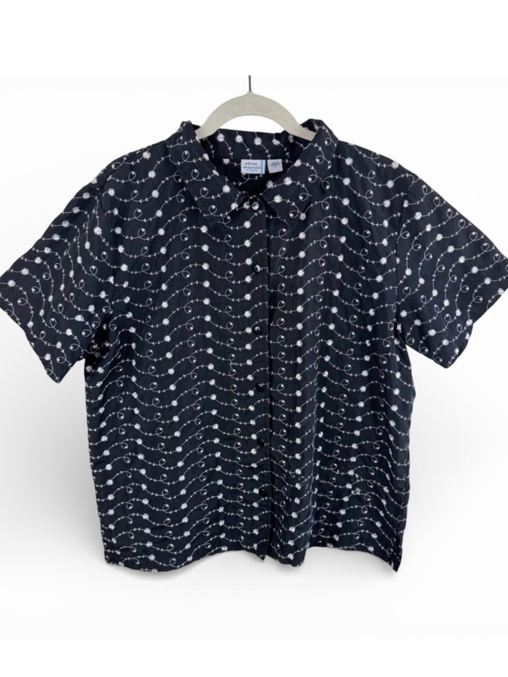 Adrian‎ Delafield for Haband Black Floral Embroidered Button Up Shirt Size LP